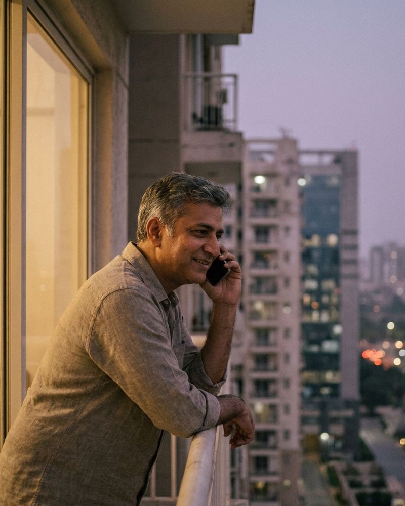 A caller on the phone on his balcony in the evening