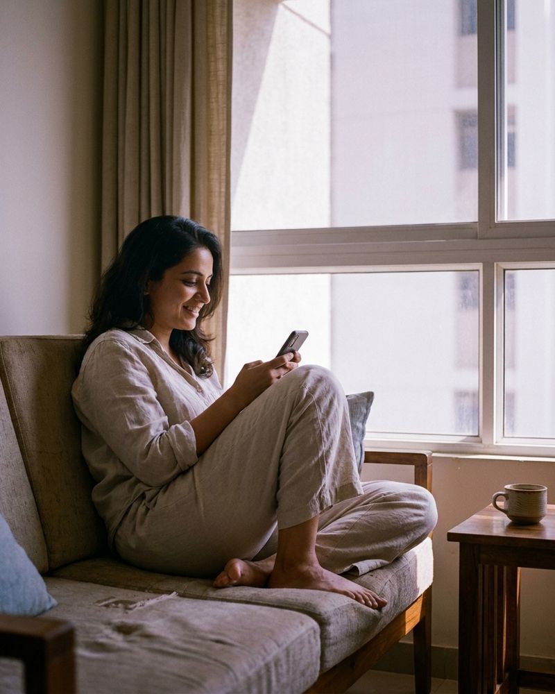 A customer messaging a store on WhatsApp from her sofa